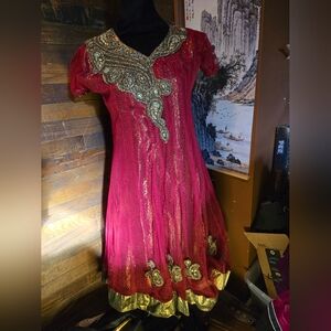 Puffs Slip Red & Gold Beaded Indian Party Dress w/ Sheer Overlay, Est. Size S/M